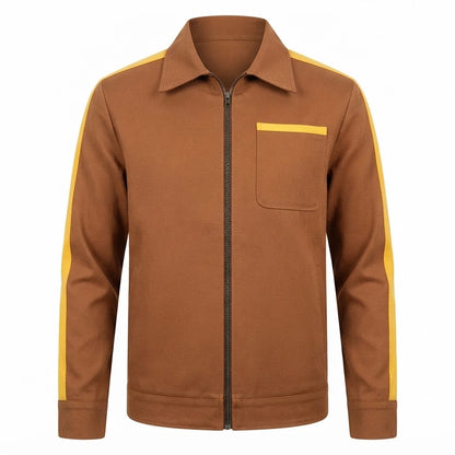 Men’s Brown and Yellow Leather Jacket front view featuring brown genuine leather, contrast yellow sleeve stripes, shirt collar, and chest pocket   