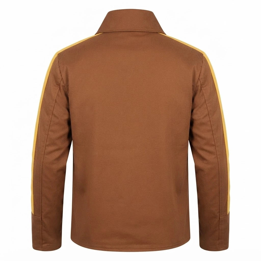 Men’s Brown and Yellow Leather Jacket front view featuring brown genuine leather, contrast yellow sleeve stripes, shirt collar, and chest pocket   