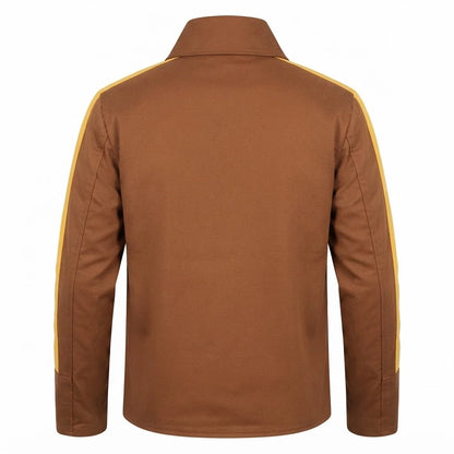 Men’s Brown and Yellow Leather Jacket front view featuring brown genuine leather, contrast yellow sleeve stripes, shirt collar, and chest pocket   