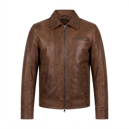 Men’s Brown Biker Leather Jacket front view featuring genuine brown leather, classic collar, front zip, chest pocket, and side zip pockets