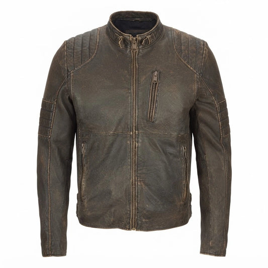 Men’s Brown Distressed Rivet Motorcycle Leather Jacket front view with mandarin collar, ribbed shoulders, and chest zip pocket