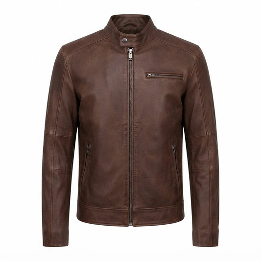 Men’s Brown Leather Biker Jacket front view featuring genuine brown leather, mandarin snap collar, front zip, and zipped pockets