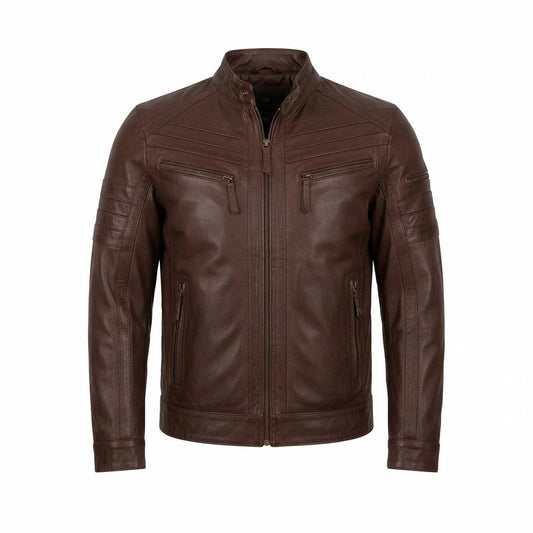 Men’s Brown Moto Rugged Biker Leather Jacket front view featuring cognac brown genuine leather, mandarin collar, and quilted shoulders