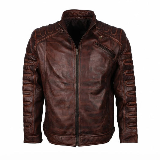 Men’s Brown Padded Leather Biker Jacket front view with mandarin collar, quilted padding, and chest zip pocket