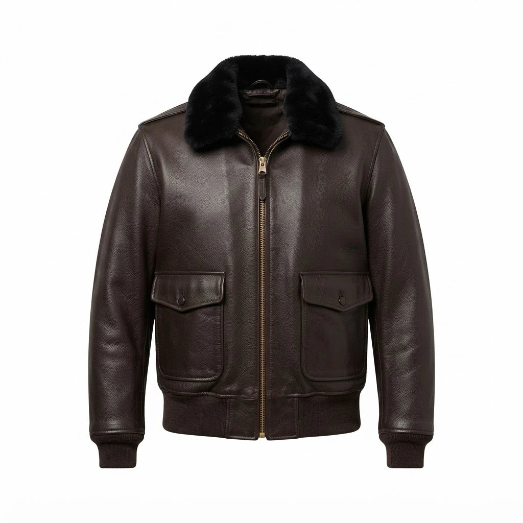 Men’s Brown RAF A2 Cowhide Leather Flight Jacket front view featuring genuine brown cowhide, black shearling collar, dual patch pockets, and ribbed trim   