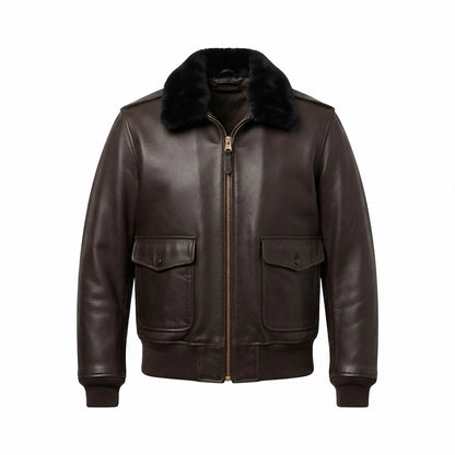 Men’s Brown RAF A2 Cowhide Leather Flight Jacket front view featuring genuine brown cowhide, black shearling collar, dual patch pockets, and ribbed trim   