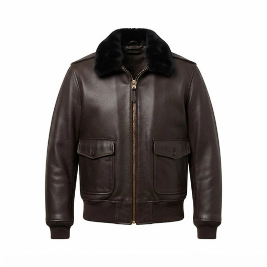 Men’s Brown RAF A2 Cowhide Leather Flight Jacket front view featuring genuine brown cowhide, black shearling collar, dual patch pockets, and ribbed trim   