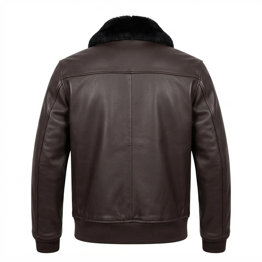 Men’s Brown RAF A2 Cowhide Leather Flight Jacket front view featuring genuine brown cowhide, black shearling collar, dual patch pockets, and ribbed trim   