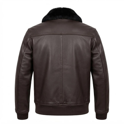 Men’s Brown RAF A2 Cowhide Leather Flight Jacket front view featuring genuine brown cowhide, black shearling collar, dual patch pockets, and ribbed trim   
