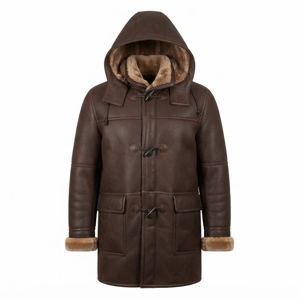 Men’s Brown Shearling Bomber Hoodie Coat front view featuring genuine brown leather, plush hood lining, toggle horn closures, and deep patch pockets   