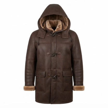 Men’s Brown Shearling Bomber Hoodie Coat front view featuring genuine brown leather, plush hood lining, toggle horn closures, and deep patch pockets   