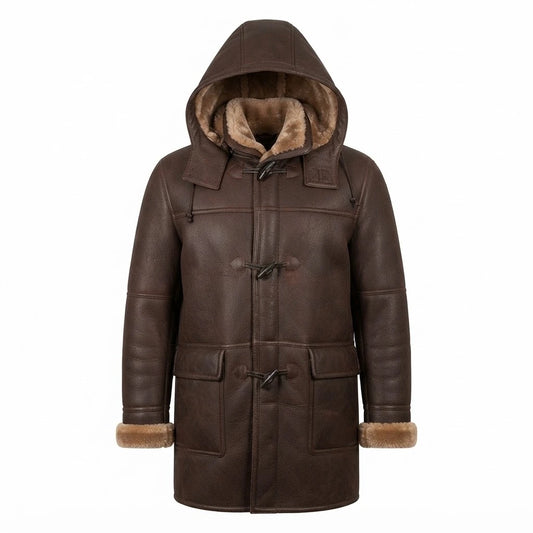 Men’s Brown Shearling Bomber Hoodie Coat front view featuring genuine brown leather, plush hood lining, toggle horn closures, and deep patch pockets   
