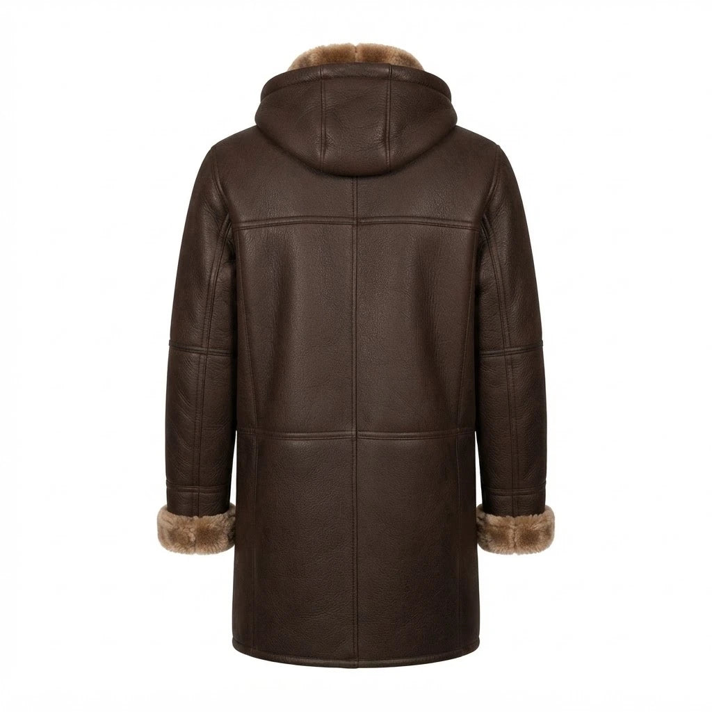 Men’s Brown Shearling Bomber Hoodie Coat front view featuring genuine brown leather, plush hood lining, toggle horn closures, and deep patch pockets   