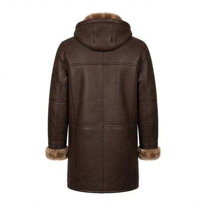 Men’s Brown Shearling Bomber Hoodie Coat front view featuring genuine brown leather, plush hood lining, toggle horn closures, and deep patch pockets   