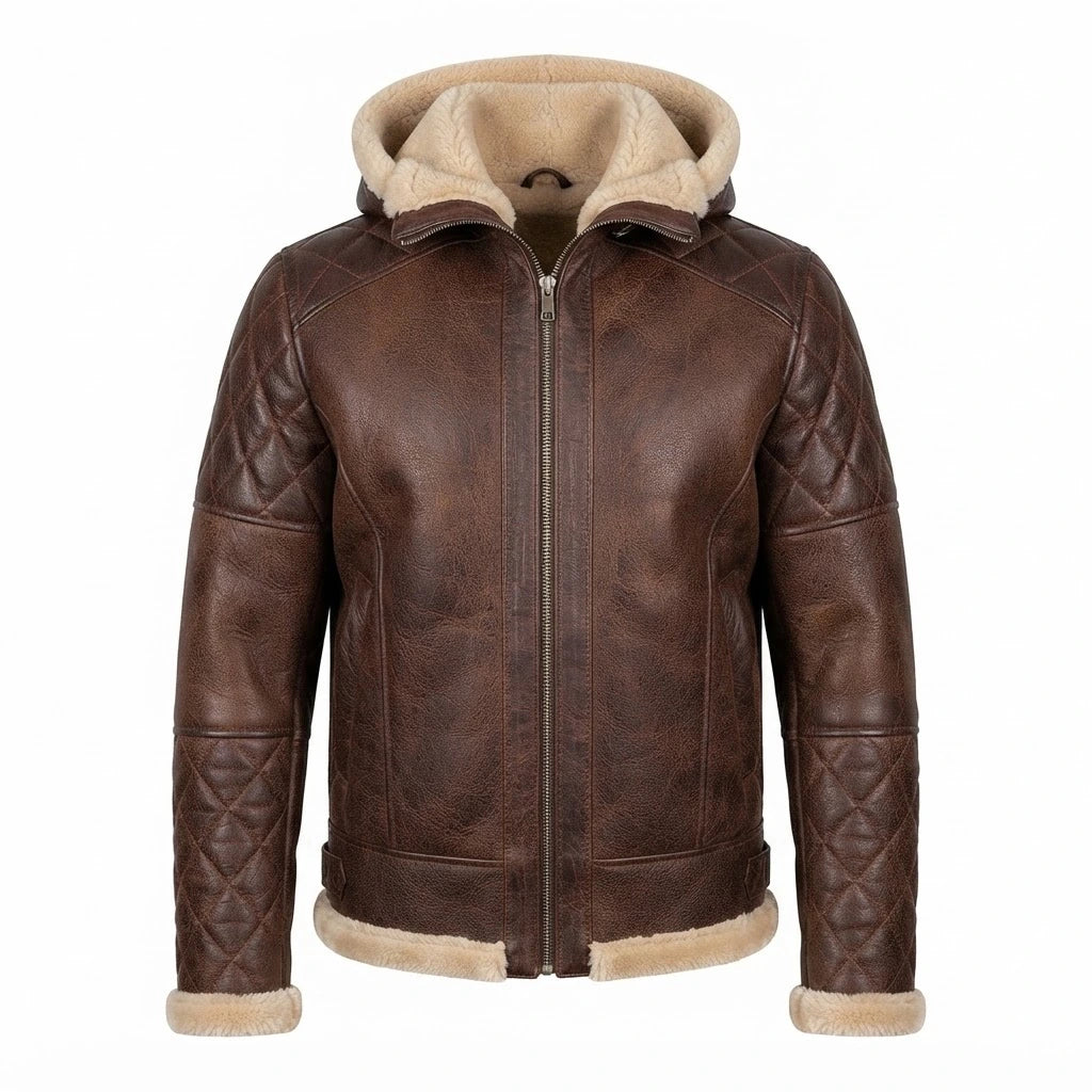 Men’s Brown Shearling Hooded Leather Jacket front view featuring genuine brown leather, plush shearling hood, quilted sleeves, and front zip closure   