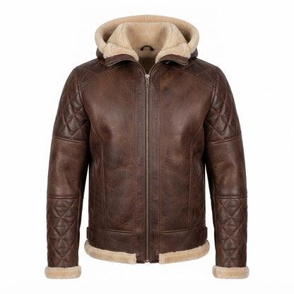 Men’s Brown Shearling Hooded Leather Jacket front view featuring genuine brown leather, plush shearling hood, quilted sleeves, and front zip closure   
