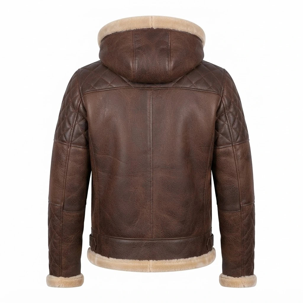 Men’s Brown Shearling Hooded Leather Jacket front view featuring genuine brown leather, plush shearling hood, quilted sleeves, and front zip closure   