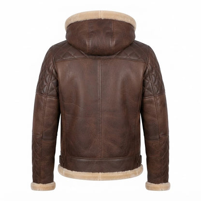 Men’s Brown Shearling Hooded Leather Jacket front view featuring genuine brown leather, plush shearling hood, quilted sleeves, and front zip closure   