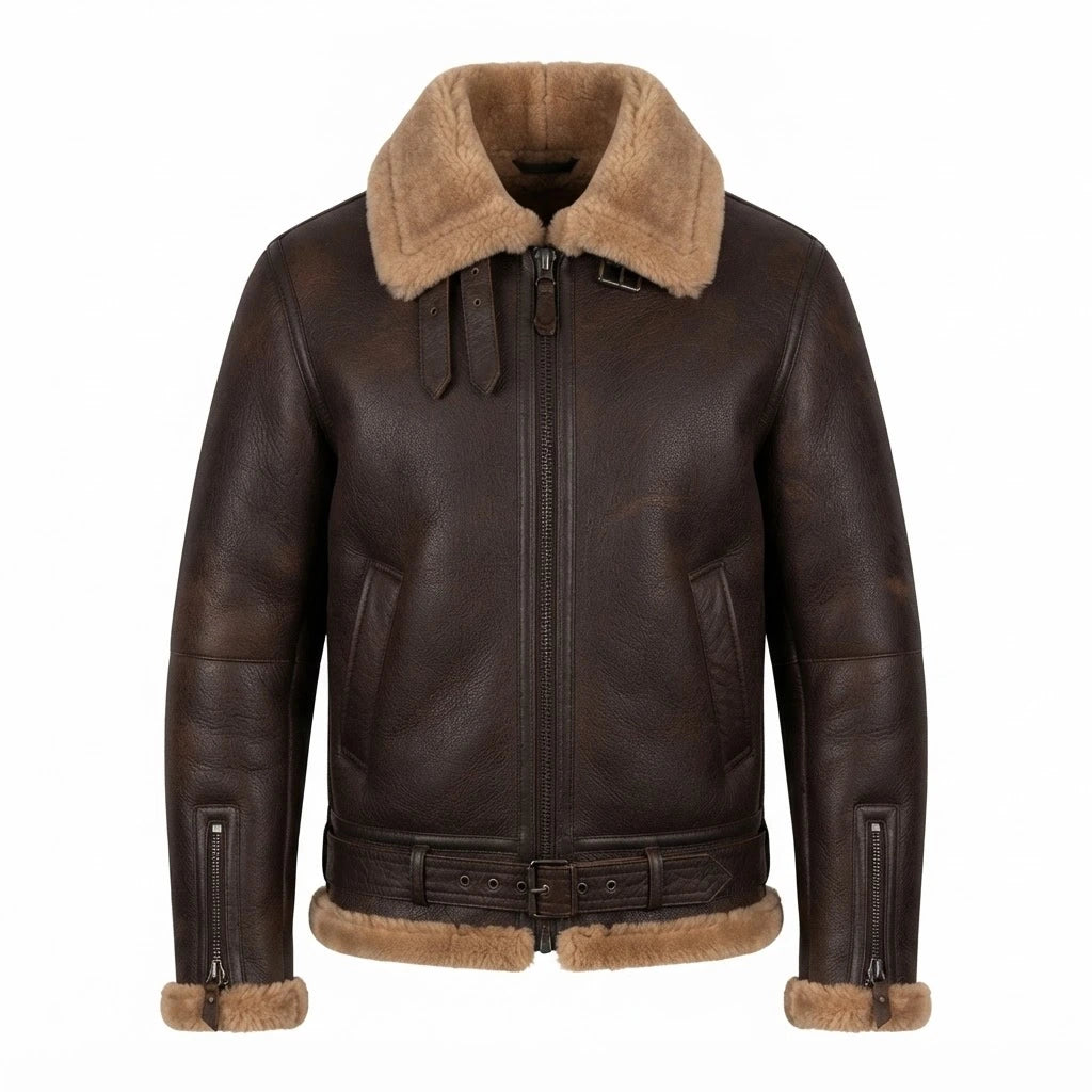 Men’s Brown Sheepskin Leather Bomber Jacket front view featuring genuine brown leather, plush contrast shearling collar, waist belt, and zip closures   