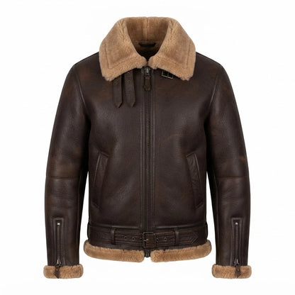 Men’s Brown Sheepskin Leather Bomber Jacket front view featuring genuine brown leather, plush contrast shearling collar, waist belt, and zip closures   