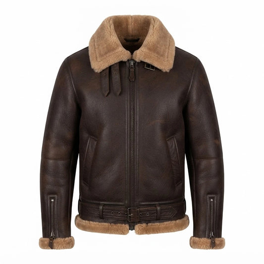 Men’s Brown Sheepskin Leather Bomber Jacket front view featuring genuine brown leather, plush contrast shearling collar, waist belt, and zip closures   