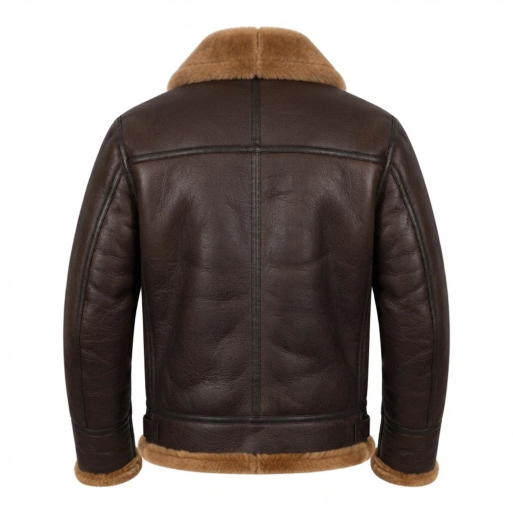 Men’s Brown Sheepskin Leather Bomber Jacket front view featuring genuine brown leather, plush contrast shearling collar, waist belt, and zip closures   
