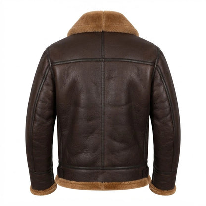 Men’s Brown Sheepskin Leather Bomber Jacket front view featuring genuine brown leather, plush contrast shearling collar, waist belt, and zip closures   