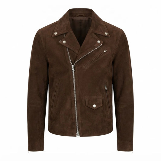 Men’s Brown Suede Biker Jacket front view featuring genuine brown suede, notched lapels, asymmetric metal zipper, and utility pockets   