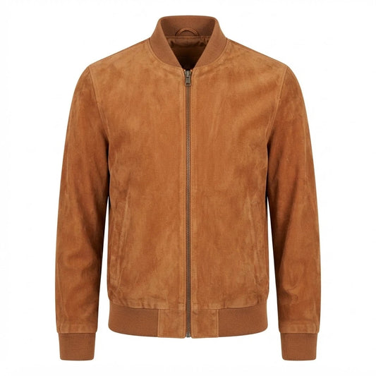 Men’s Brown Suede Bomber Jacket front view featuring genuine brown suede, matching ribbed collar, cuffs, hem, and two-way zipper