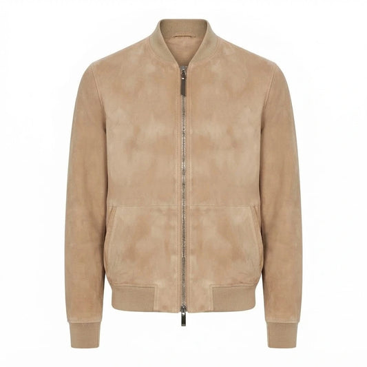 Men’s Brown Suede Bomber Jacket front view featuring genuine brown suede, matching ribbed collar, cuffs, hem, and two-way zipper   