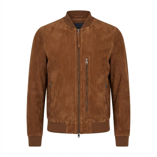 Men’s Brown Suede Bomber Jacket front view featuring genuine brown suede, matching ribbed collar, cuffs, hem, two-way zip, and vertical chest pocket   