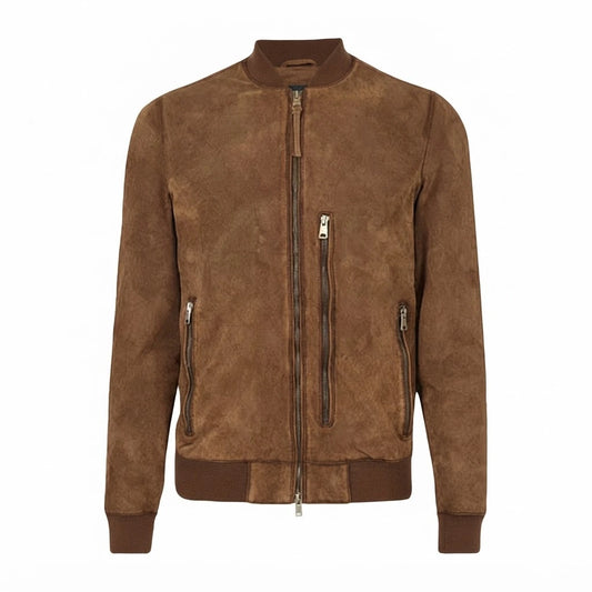 Men’s Brown Suede Leather Bomber Jacket front view featuring rich brown suede leather, zippered chest and side pockets, and ribbed knit trim   