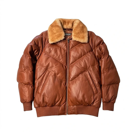 Men’s Brown V-Style Leather Bomber Jacket with blonde fur collar 