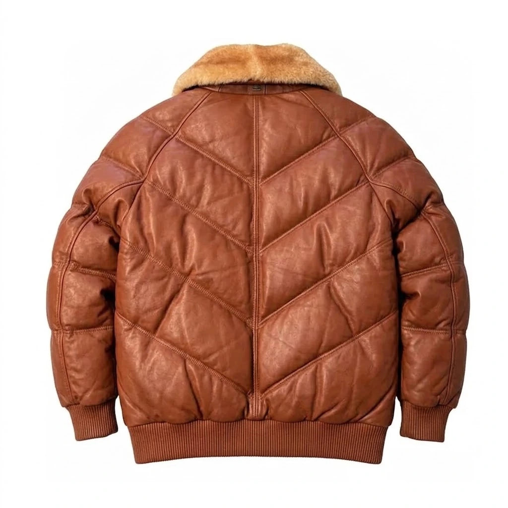 Men’s Brown V-Style Leather Bomber Jacket with blonde fur collar 