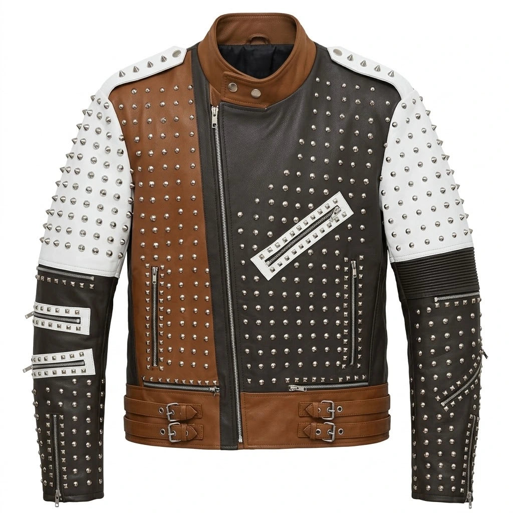 Men’s Brown & White Studded Leather Biker Jacket front view featuring genuine brown, black, and white leather, heavy silver cone spikes, and asymmetric zip   