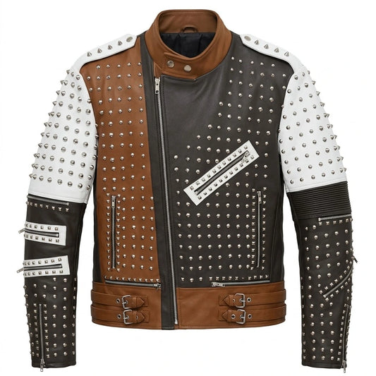 Men’s Brown & White Studded Leather Biker Jacket front view featuring genuine brown, black, and white leather, heavy silver cone spikes, and asymmetric zip   