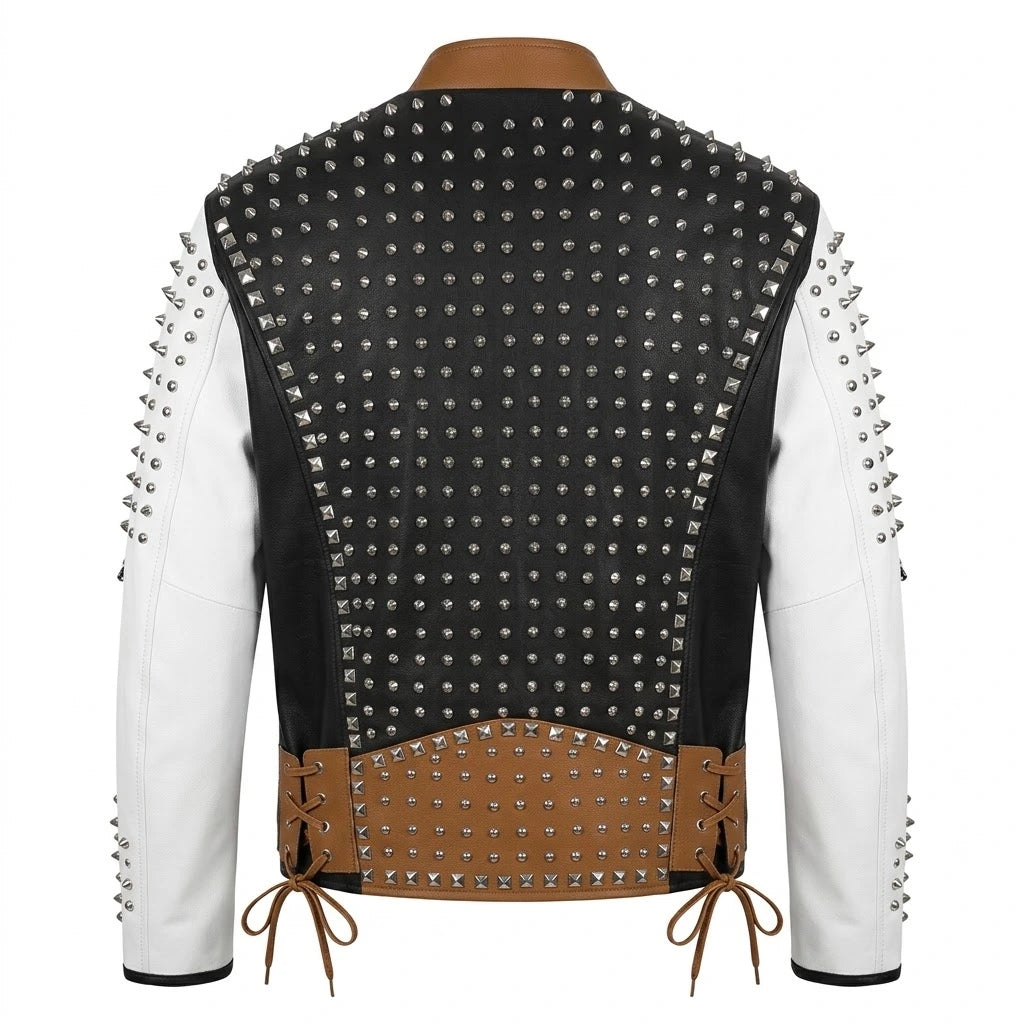 Men’s Brown & White Studded Leather Biker Jacket front view featuring genuine brown, black, and white leather, heavy silver cone spikes, and asymmetric zip   