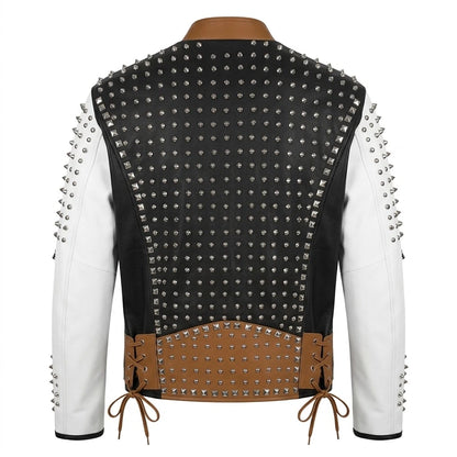 Men’s Brown & White Studded Leather Biker Jacket front view featuring genuine brown, black, and white leather, heavy silver cone spikes, and asymmetric zip   