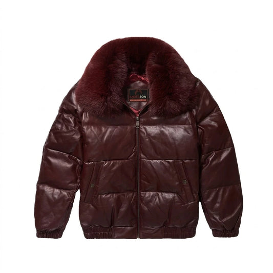 Men’s Burgundy Leather V-Bomber Jacket with matching burgundy fur collar 