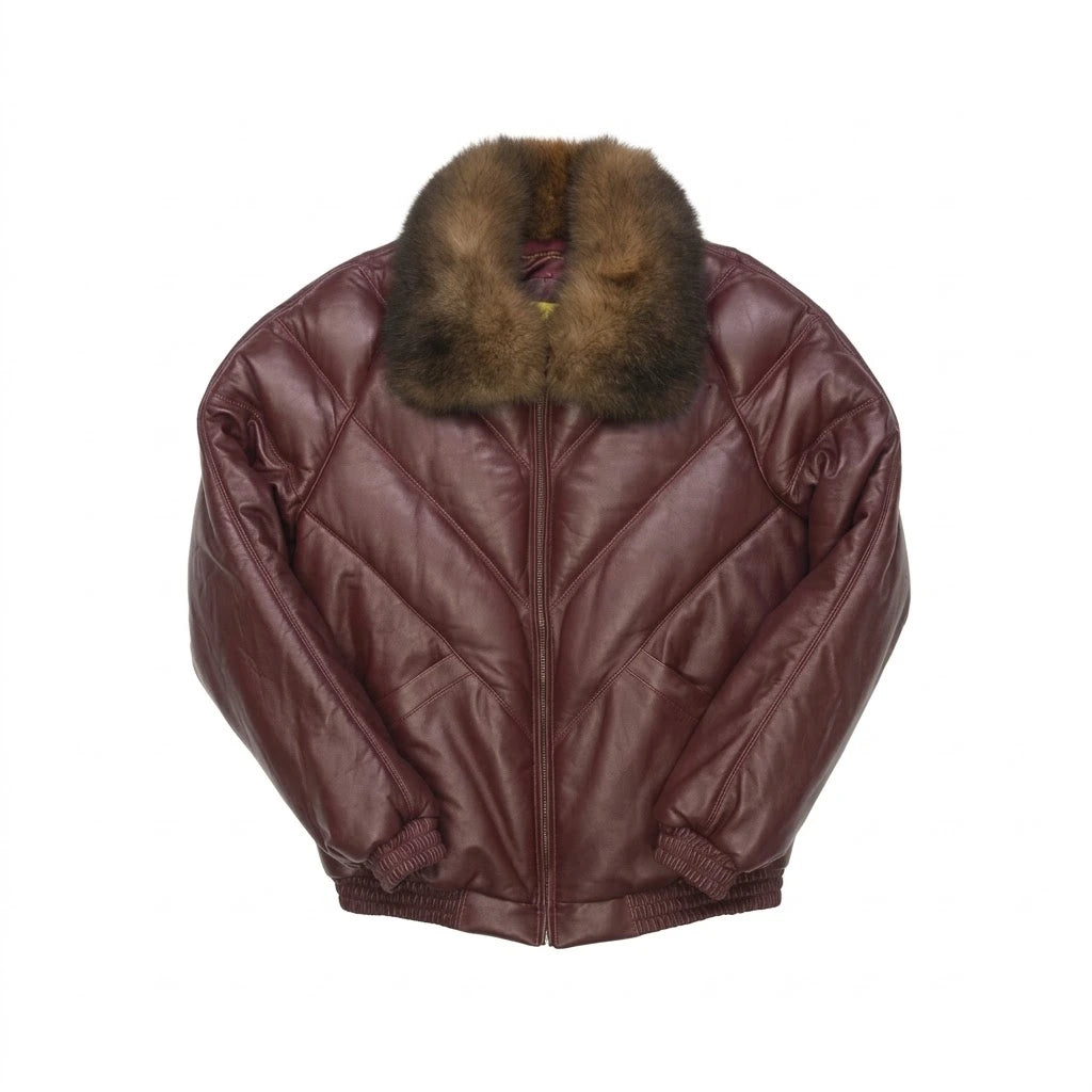 Men’s Burgundy V Bomber Leather Jacket with brown fur collar 