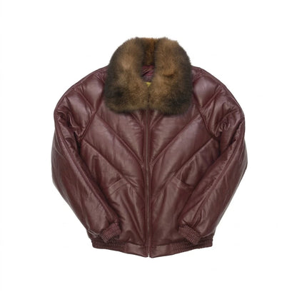 Men’s Burgundy V Bomber Leather Jacket with brown fur collar 