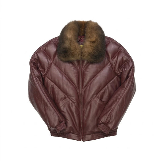 Men’s Burgundy V Bomber Leather Jacket with brown fur collar 