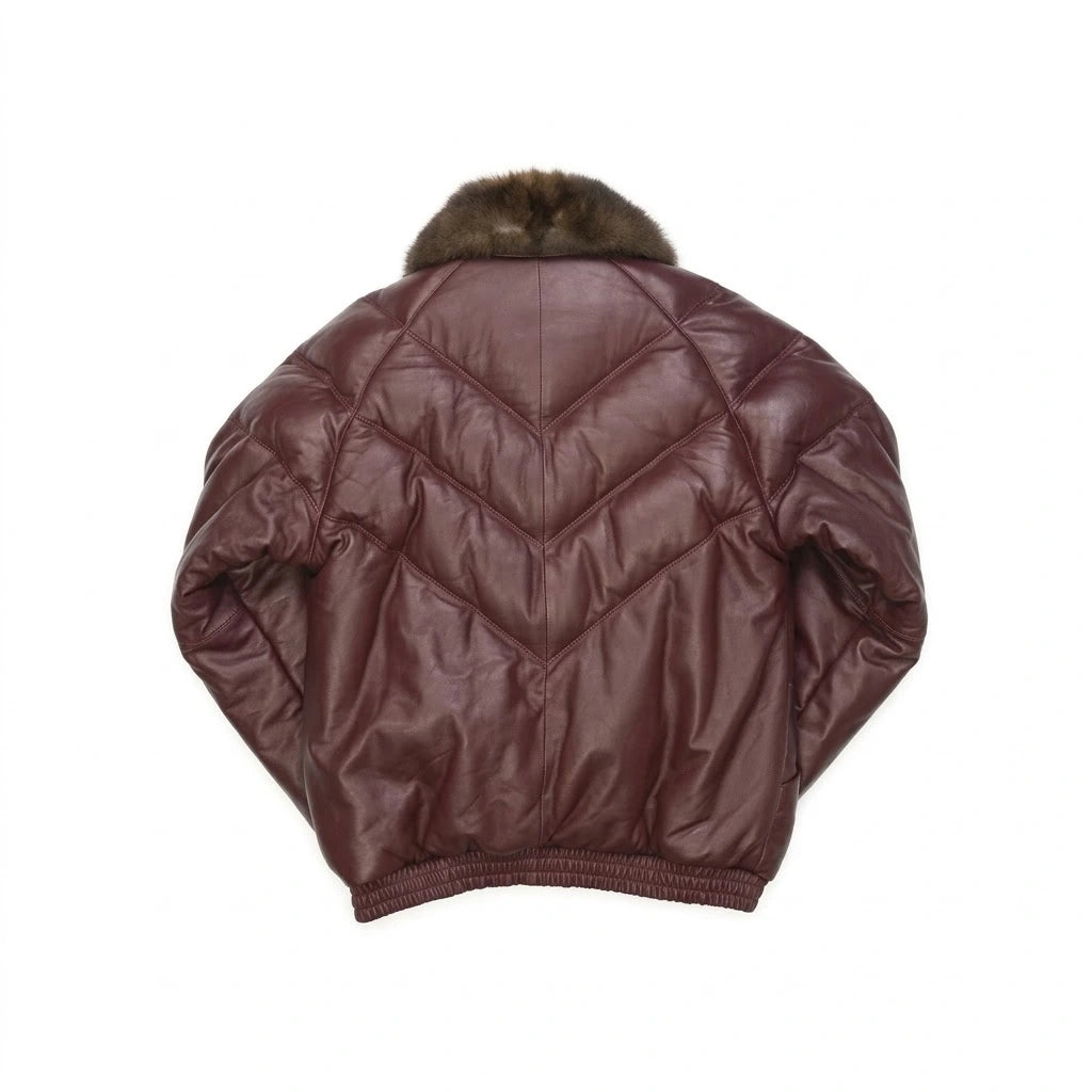 Men’s Burgundy V Bomber Leather Jacket with brown fur collar 