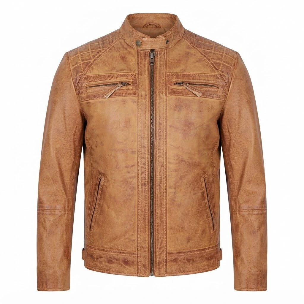 Men’s Camel Quilted Leather Motorcycle Jacket front view featuring genuine camel leather, mandarin snap collar, quilted shoulders, and zip pockets   
