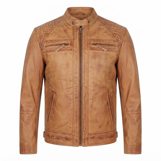 Men’s Camel Quilted Leather Motorcycle Jacket front view featuring genuine camel leather, mandarin snap collar, quilted shoulders, and zip pockets   