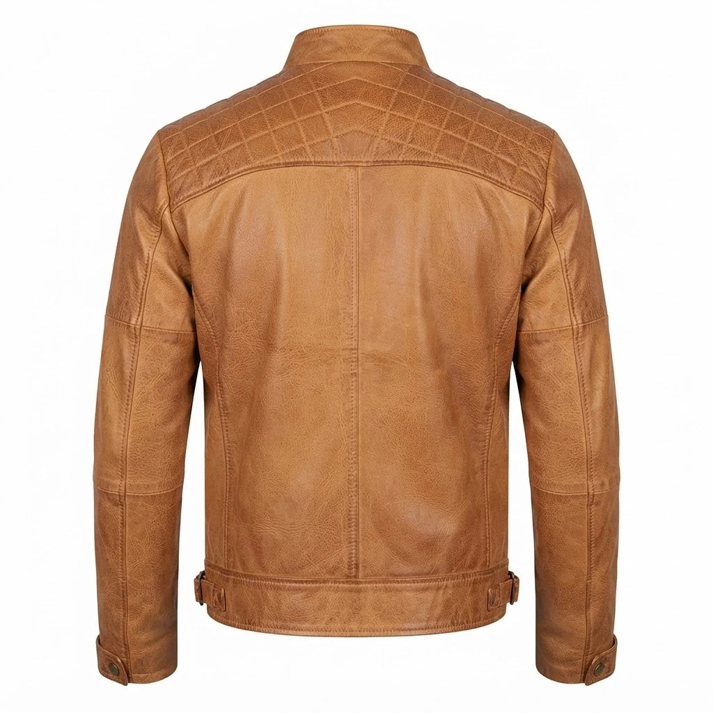 Men’s Camel Quilted Leather Motorcycle Jacket front view featuring genuine camel leather, mandarin snap collar, quilted shoulders, and zip pockets   