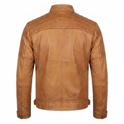 Men’s Camel Quilted Leather Motorcycle Jacket front view featuring genuine camel leather, mandarin snap collar, quilted shoulders, and zip pockets   