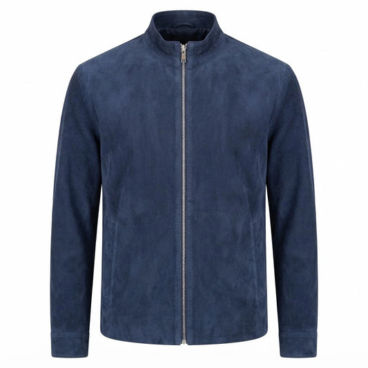 Men’s Charcoal Navy Blue Suede Biker Jacket front view featuring genuine charcoal navy suede, stand collar, full metal zipper, and side pockets   