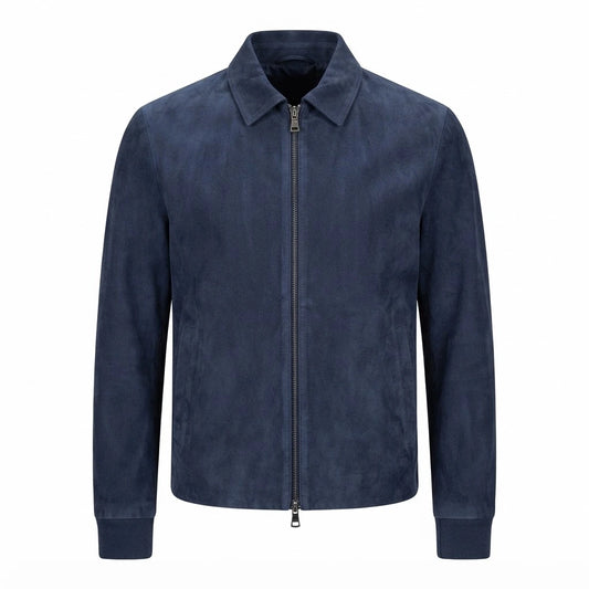 Men’s Charcoal Navy Blue Suede Biker Leather Jacket front view featuring genuine charcoal navy blue suede, classic collar, two-way zipper, and ribbed hem