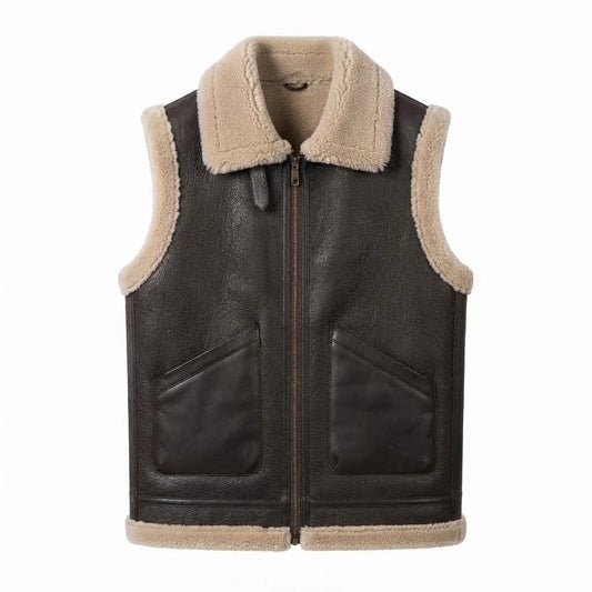 Men’s Chocolate Brown Leather Shearling Vest front view featuring rich dark brown leather, plush cream shearling collar, hem trim, and zip-front closure   